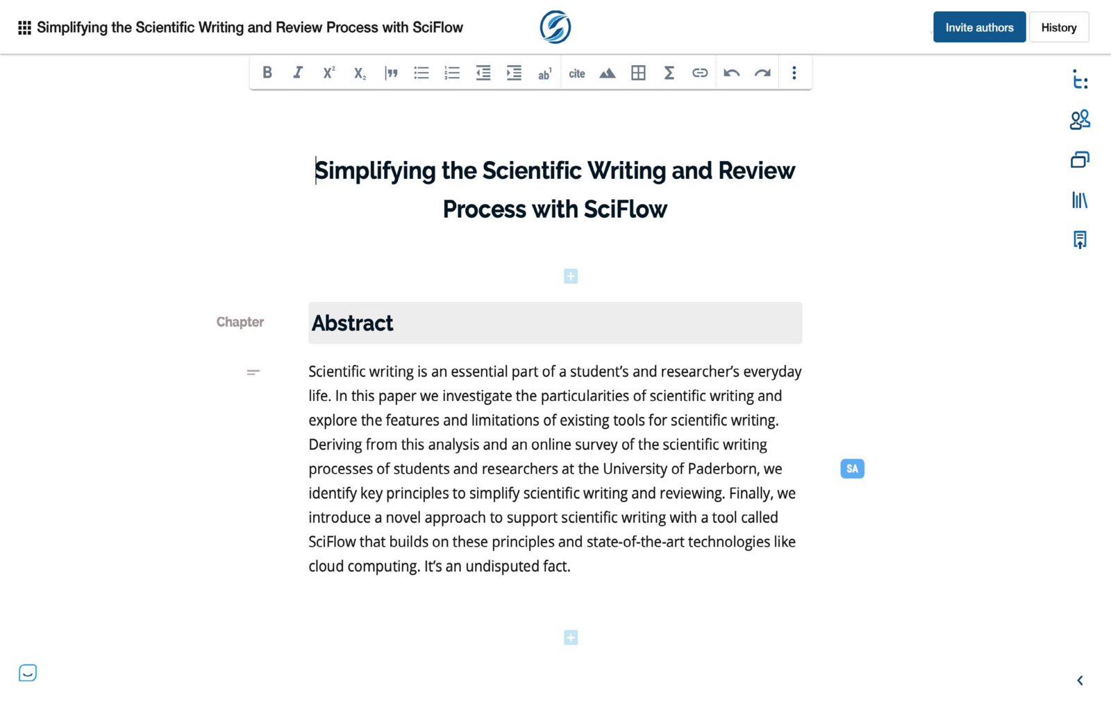 The SciFlow editor in the browser, showing an article titled “Simplifying the Scientific Writing and Review Process with SciFlow”