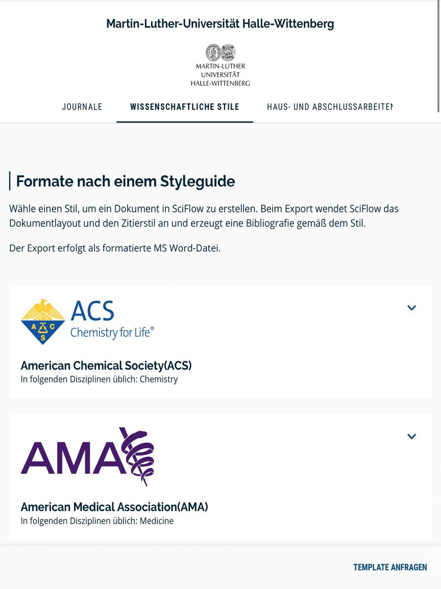 A tablet showing the SciFlow template page of Martin-Luther-Universität Halle-Wittenberg, with templates such as ACS and AMA