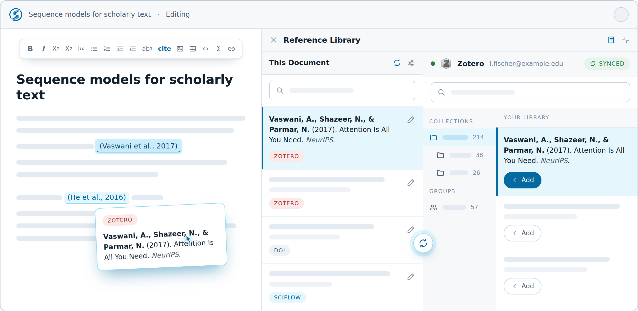 The SciFlow editor with the reference library open: the text with its citations on the left, the document's sources on the right, and the synchronized Zotero library beside them.