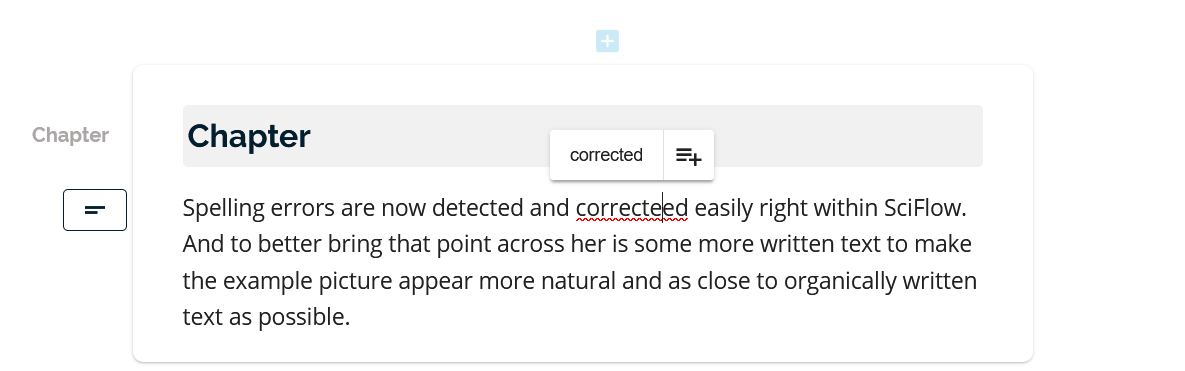 An example paragraph with a misspelled word and a suggested correction hovering above it.